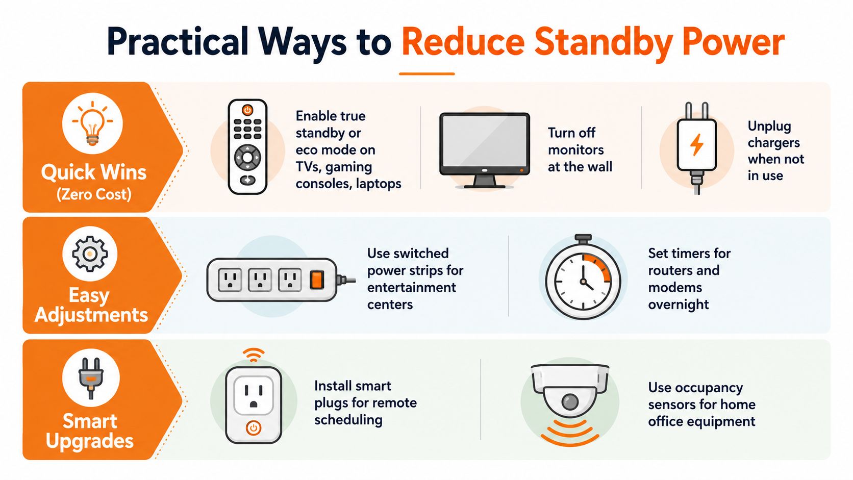 An infographic showing practical, actionable ways to reduce standby power consumption through simple habits and smart home upgrades.