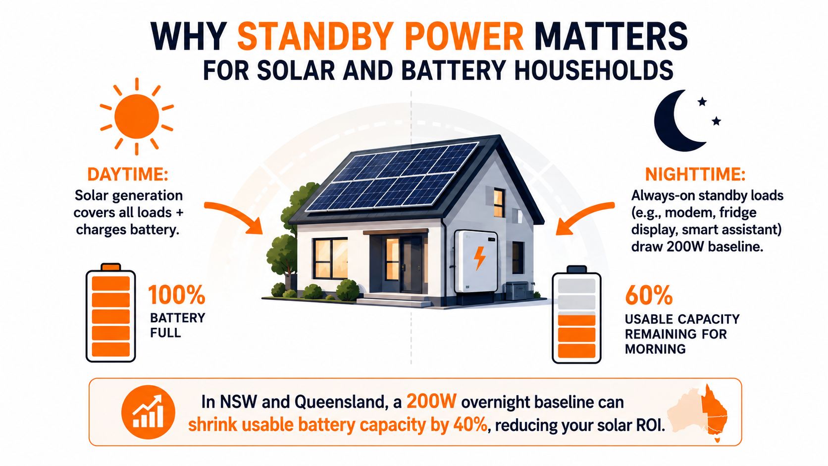 An infographic showing how household standby power consumption impacts solar battery efficiency in Australia overnight.