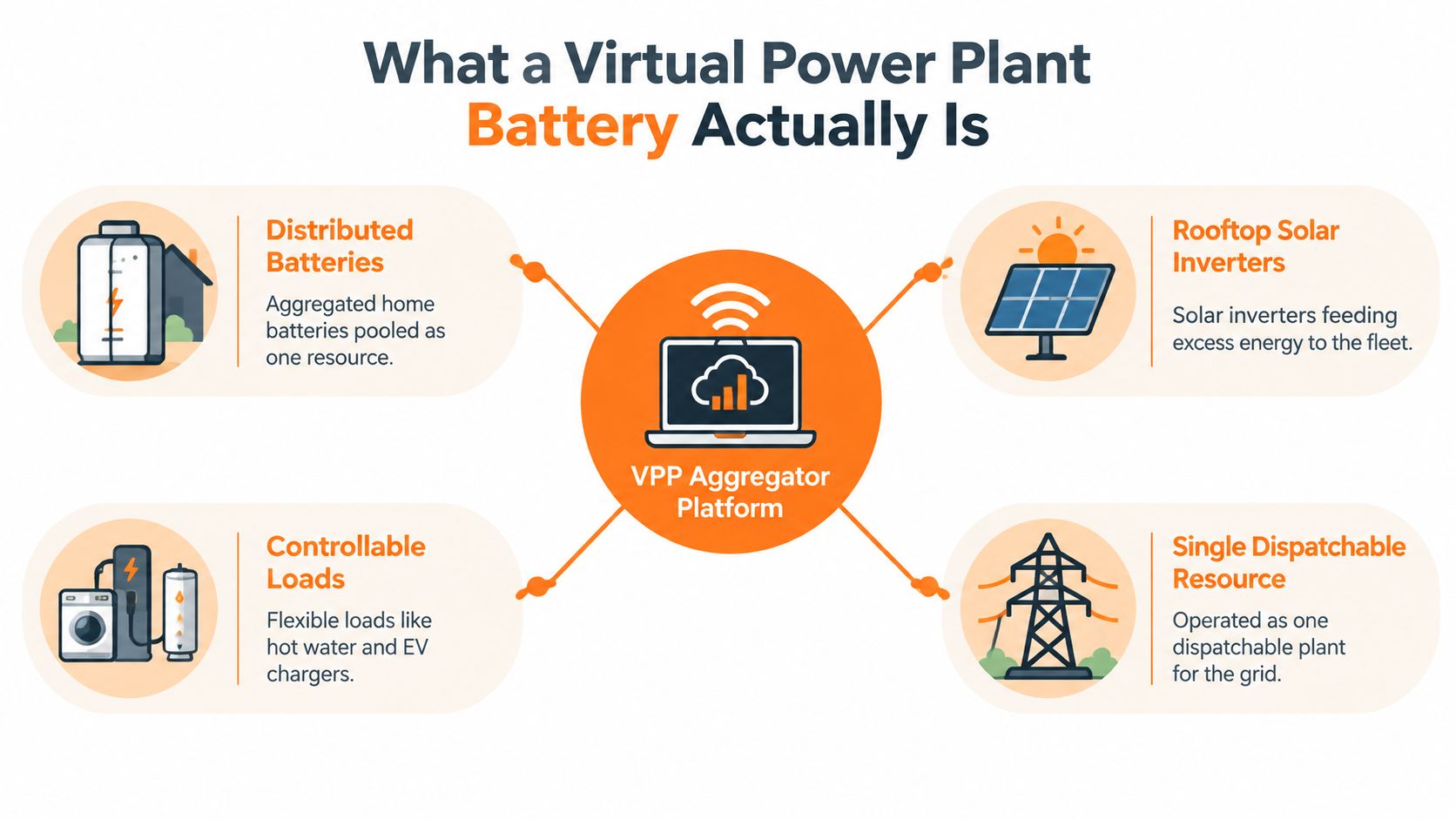 An infographic illustrating components of a virtual power plant battery system connected to an aggregator platform.