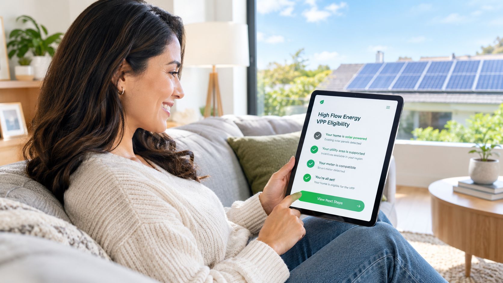 A woman sitting on a sofa checking her home solar energy virtual power plant eligibility on a tablet.