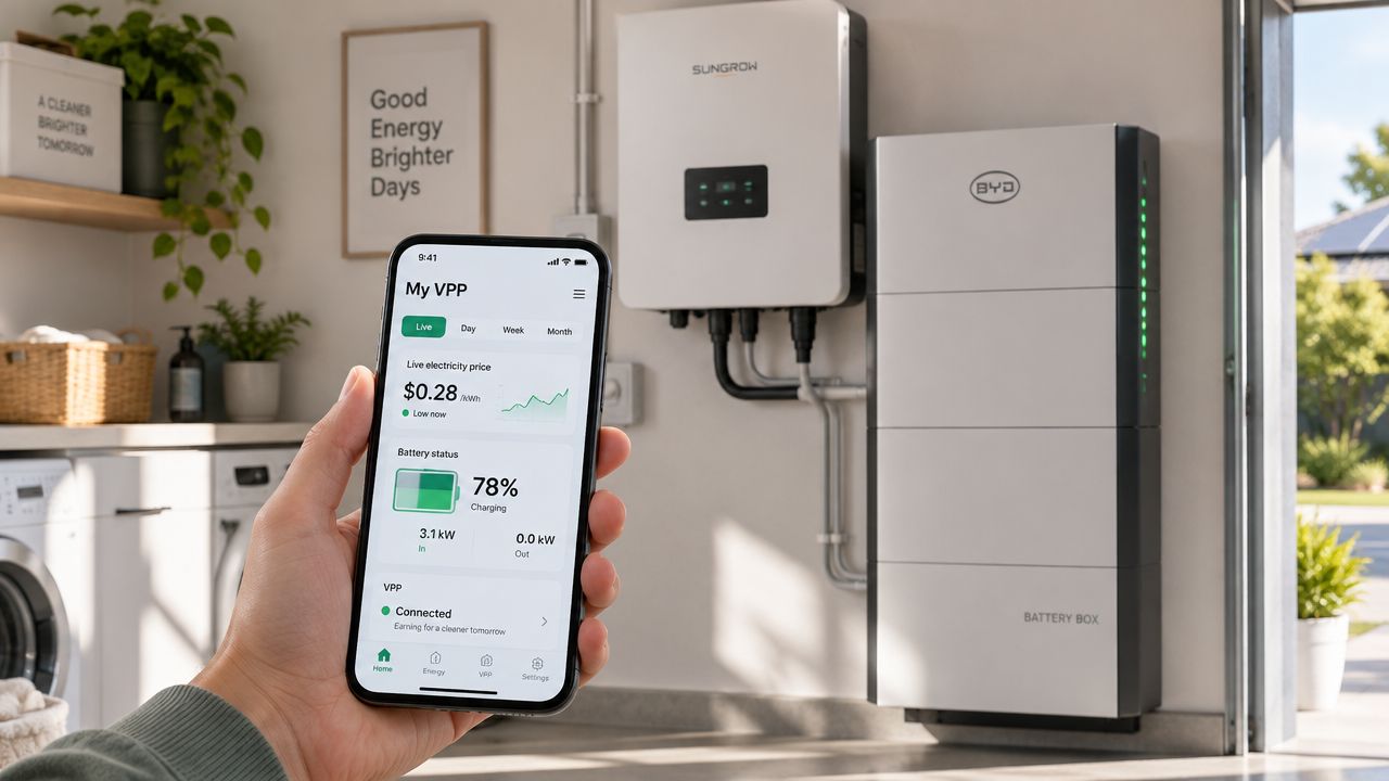 A hand holding a smartphone displaying virtual power plant software while standing in front of home battery equipment.