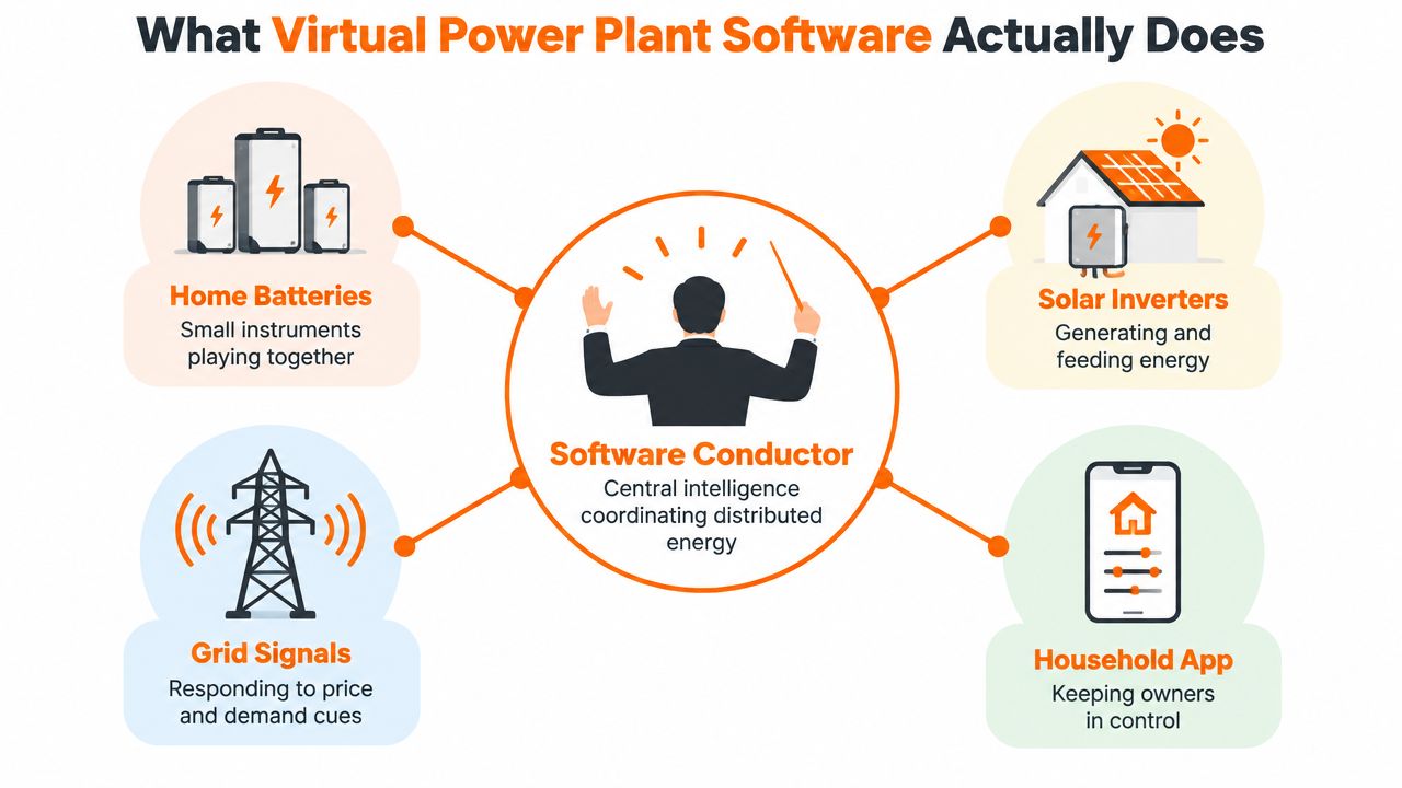 A diagram illustrating how virtual power plant software acts as a central conductor for home energy systems.