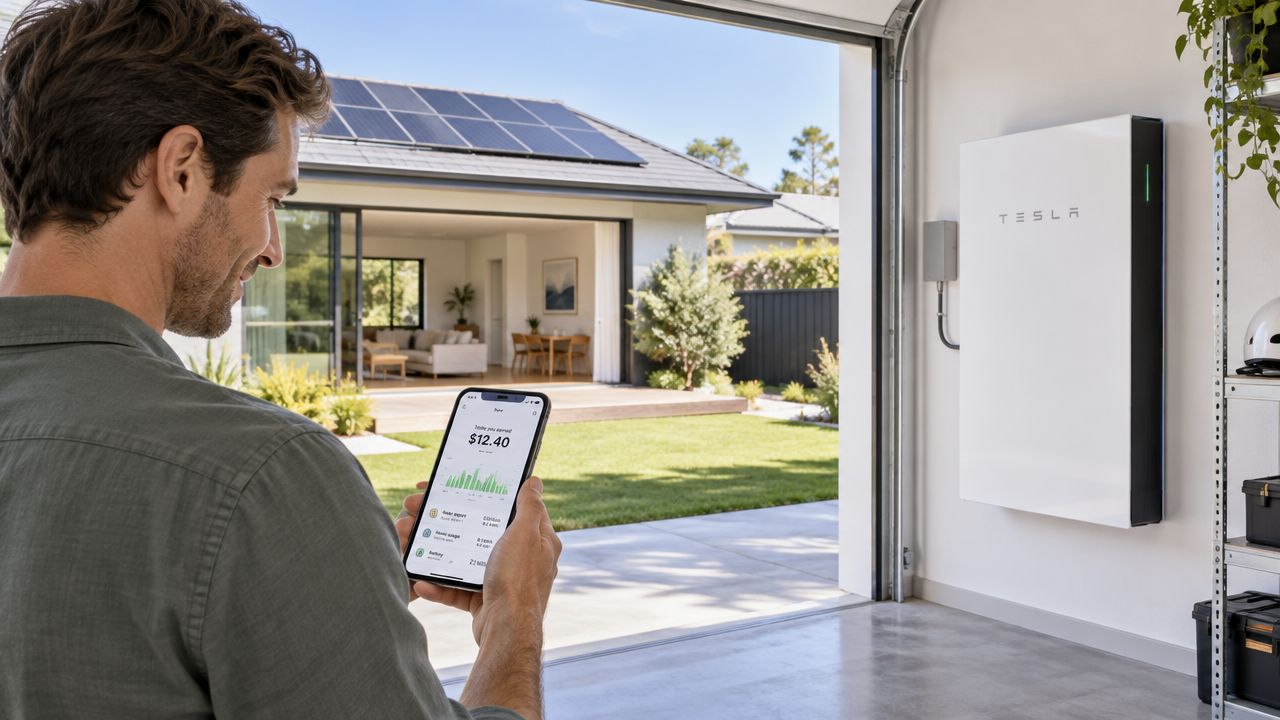 A man monitors his home energy usage and savings on his smartphone in front of a Tesla Powerwall.