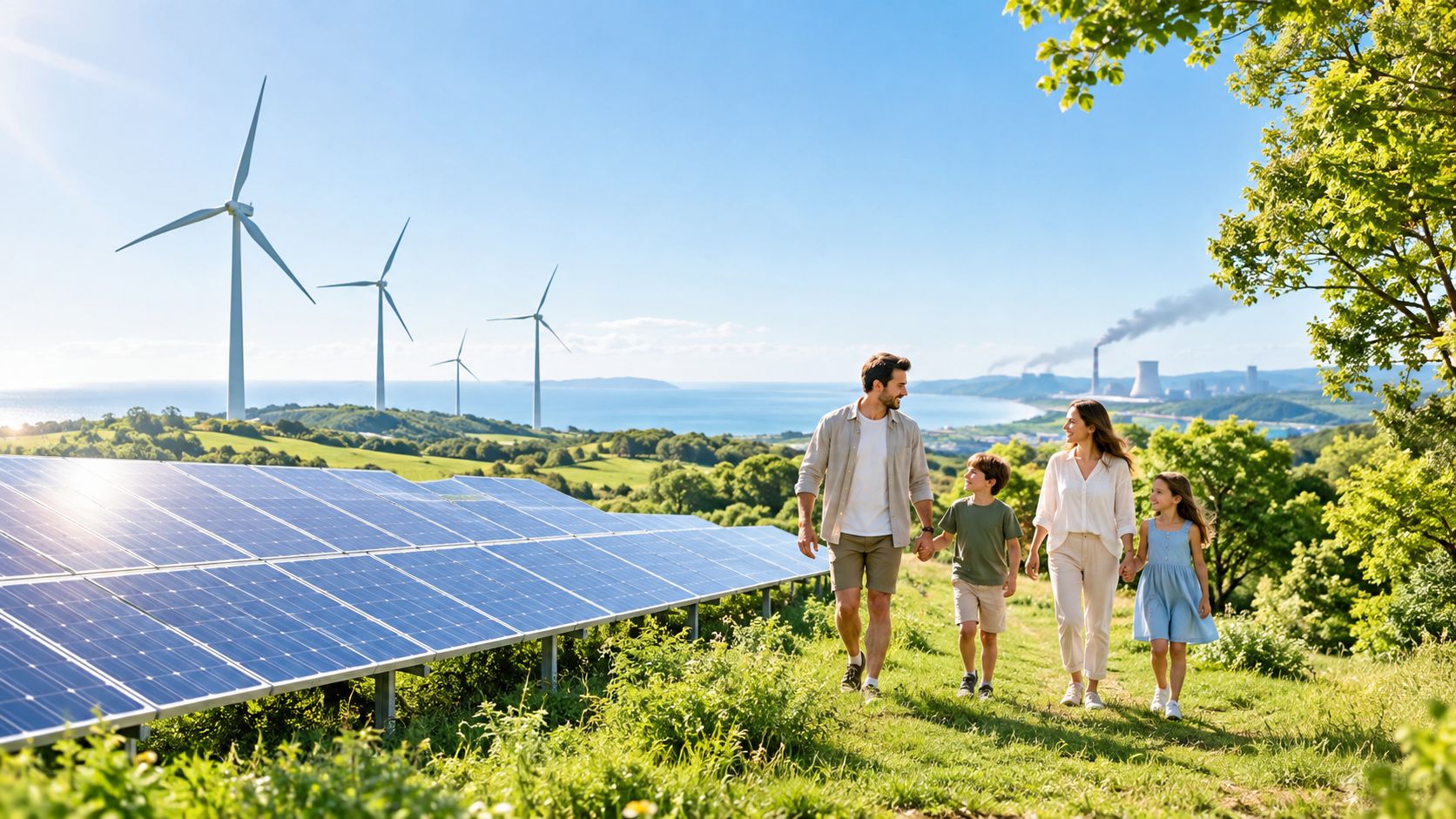 A happy family walks through a sunlit field with solar panels and wind turbines in the background.