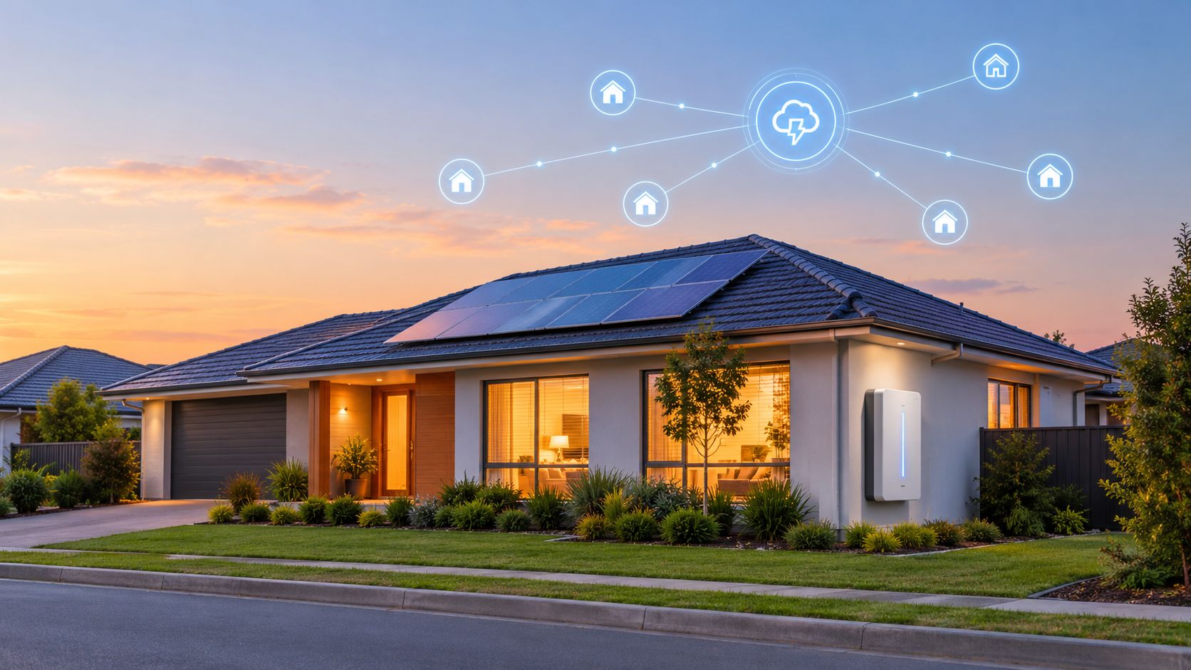 A modern home with solar panels and a wall-mounted battery backup unit installed for energy storage.
