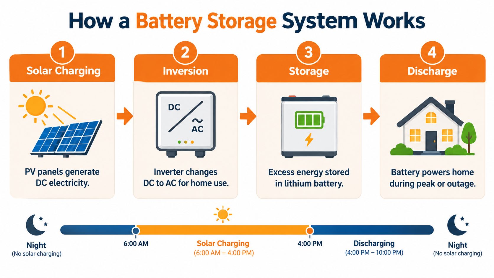 A diagram illustrating the four steps of how a residential solar battery storage system works.