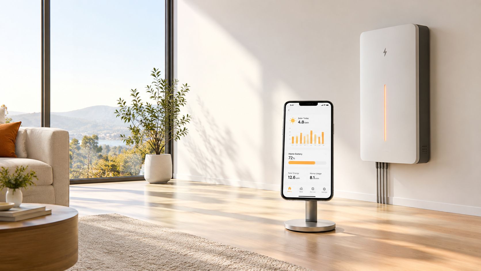 A smartphone display showing home solar energy usage and battery levels in a modern, sunny living room.