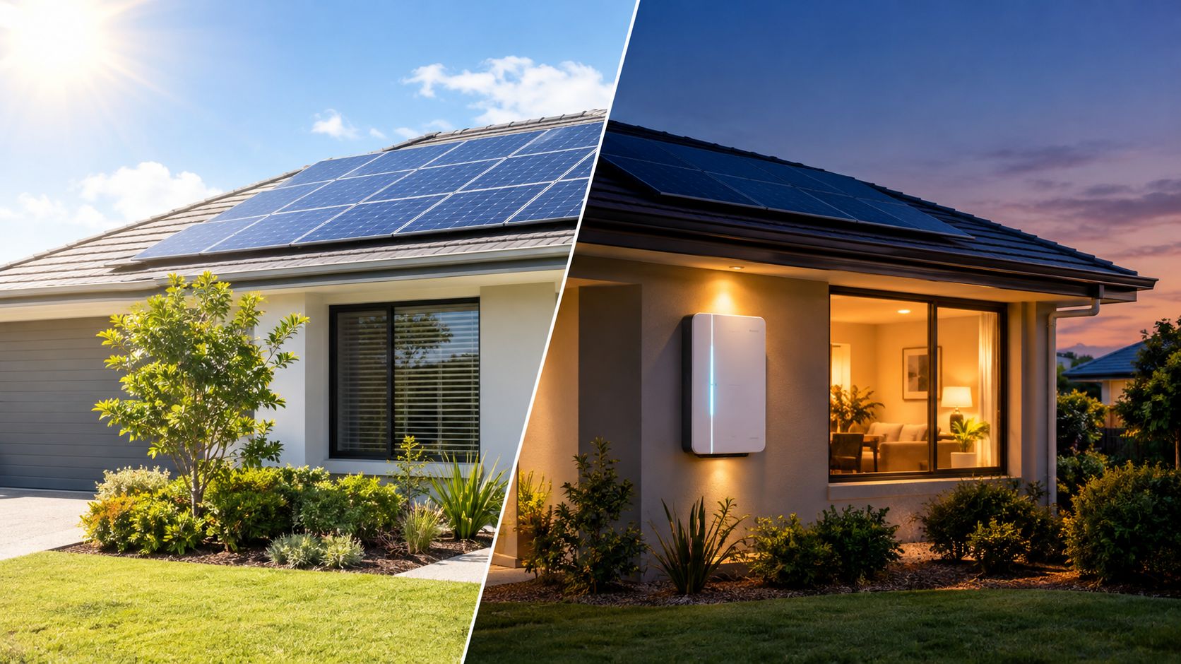 A split image showing a solar-powered home during the day and powered by a battery at night.
