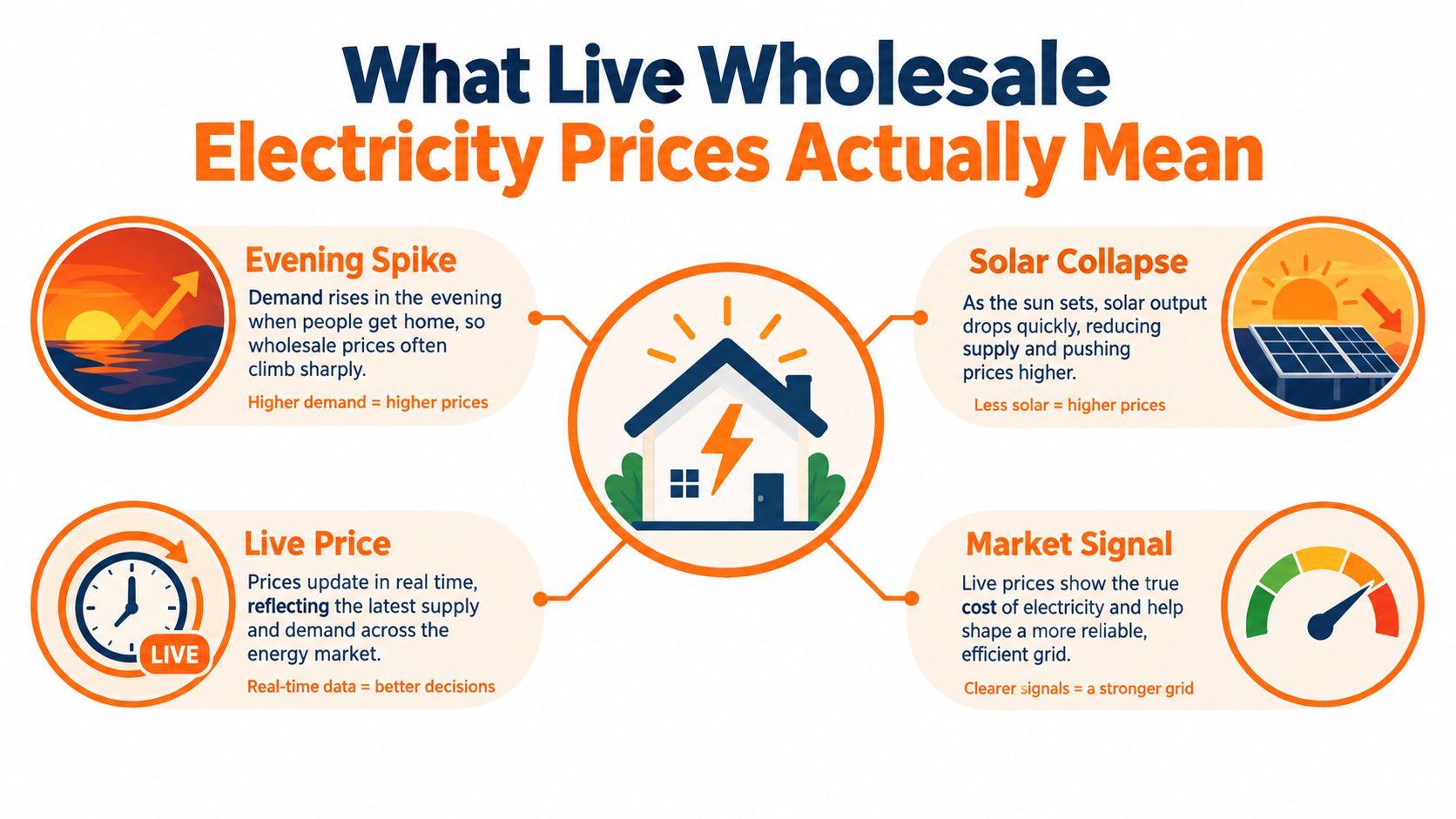 An infographic explaining how live wholesale electricity prices are influenced by evening demand spikes and solar output.
