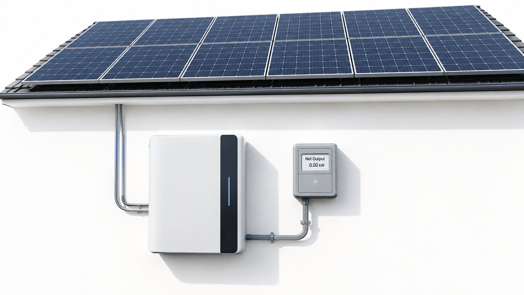 A modern solar panel system with a power inverter and monitor mounted on a white exterior wall.
