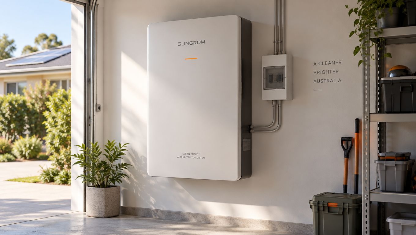A modern wall-mounted Sungrow home battery storage unit installed in a garage with solar panels visible outside.