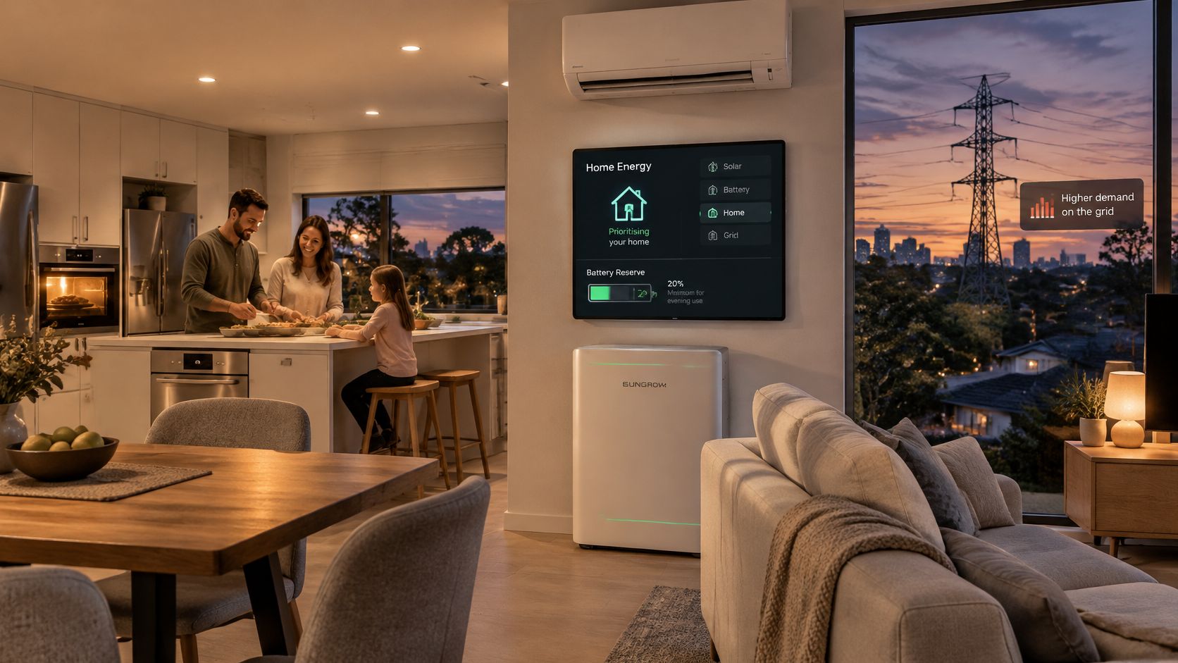 A family cooking dinner in a modern kitchen with a Sungrow solar energy storage system displayed nearby.