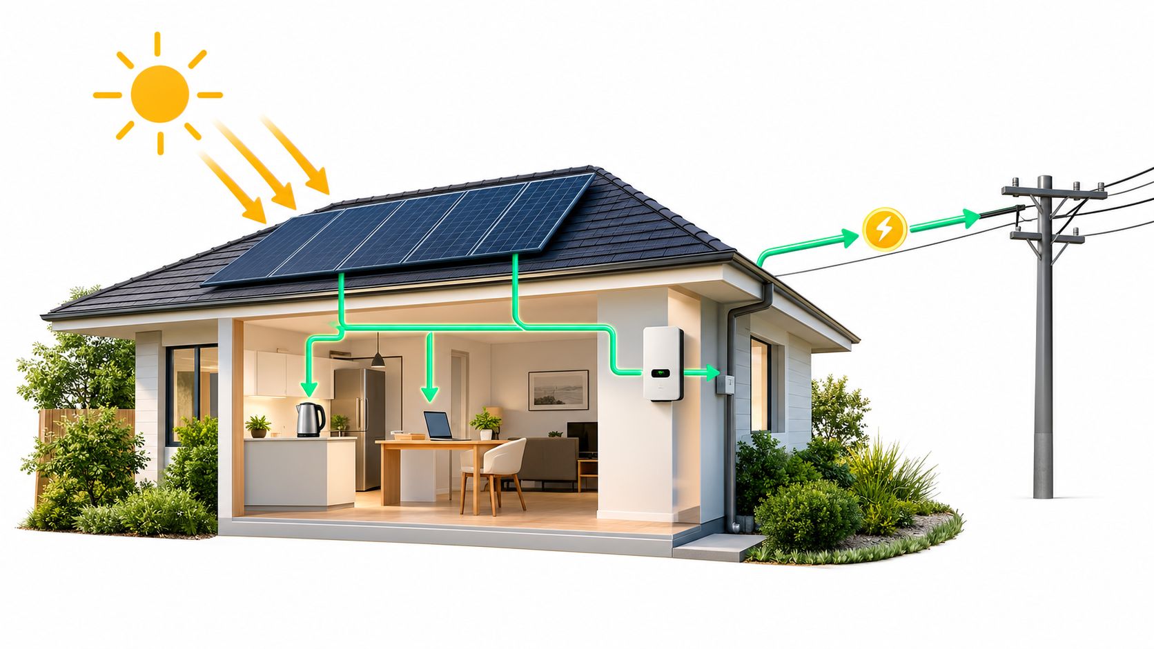 A house with solar panels on the roof supplying electricity to home appliances and the power grid.